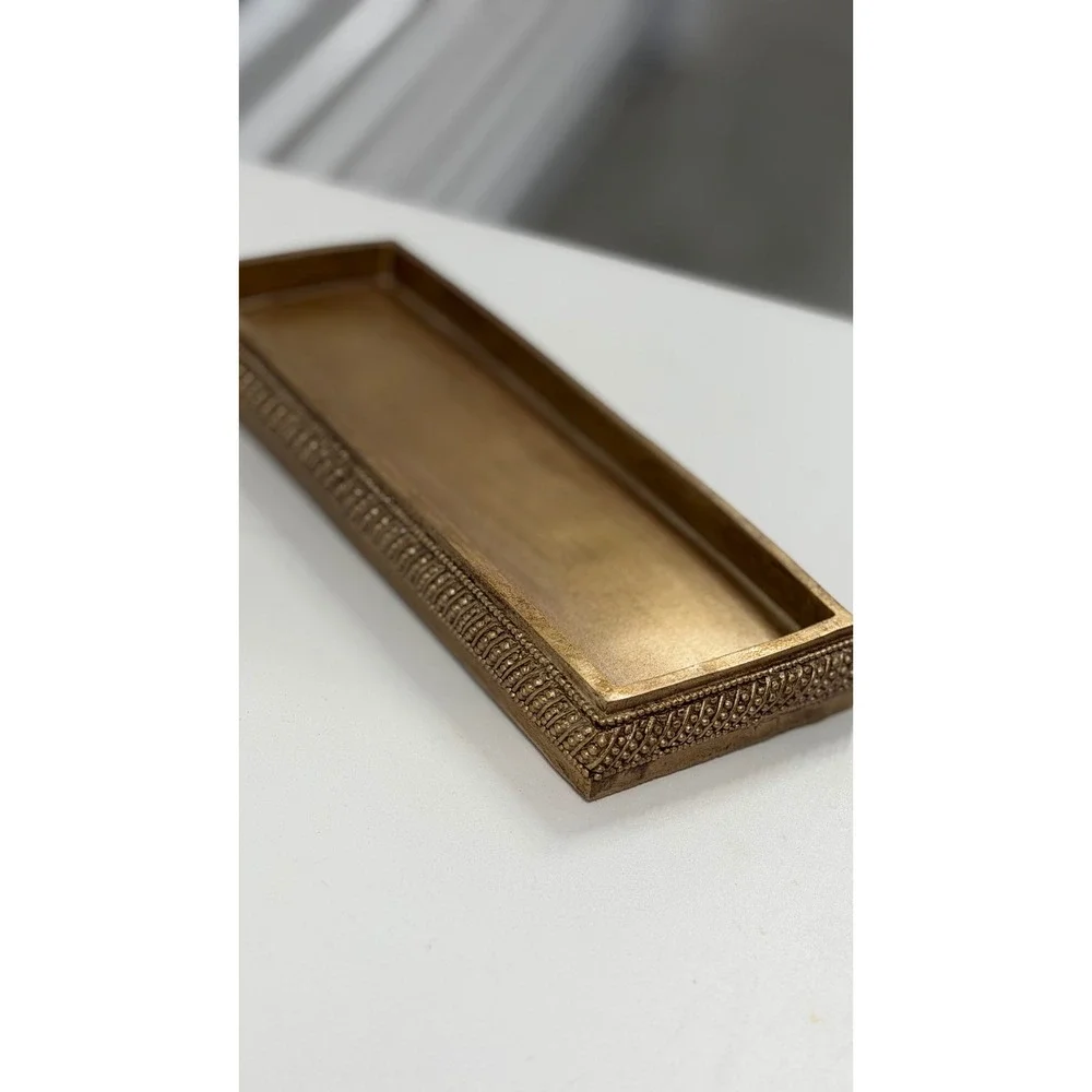Antique Gold Rectangular Vanity Tray Beaded Texture Decorative Jewelry Dish